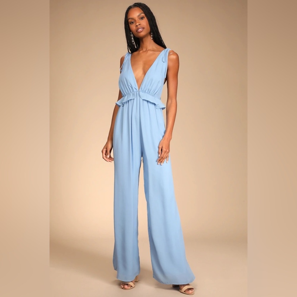 NWT Embrace the Romance Light Blue Backless Wide-Leg Jumpsuit